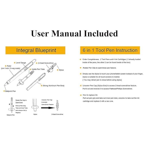 DUNBONG 6-in-1 Multi Pen, Stylus/Screwdriver, 0.7mm Black - Yellow | Aluminum prismatic non-slip grip | Rotary no-cap design | Ruler & level built-in | Refillable | Long-lasting clip - color: Yellow