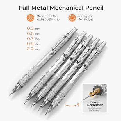 Nicpro Metal Mechanical Pencil Set 5 PCS Art Drafting Pencils For Sketching - color: Silver, style: 0.3 0.5 0.7 2.0