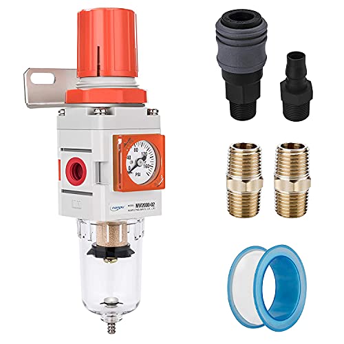 1/4" NPT Embedded Gauge Compressed Air Filter/Regulator Piggyback Combo, Semi-Auto Drain, 5 Micron Brass Element, Poly Bowl, Metal Bracket - size: 1/4" NPT, style: Manual Drain