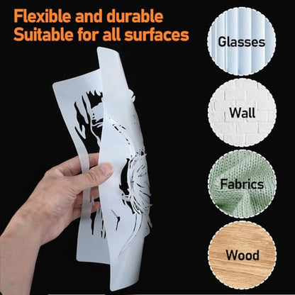 9 Pcs Animal Wood Burning Stencils - Deer, Bear, Horse, Moose, Owl, Fish, Wolf, Fence & Spray Painting Drawing Templates for Wood & Fabric DIY Crafts