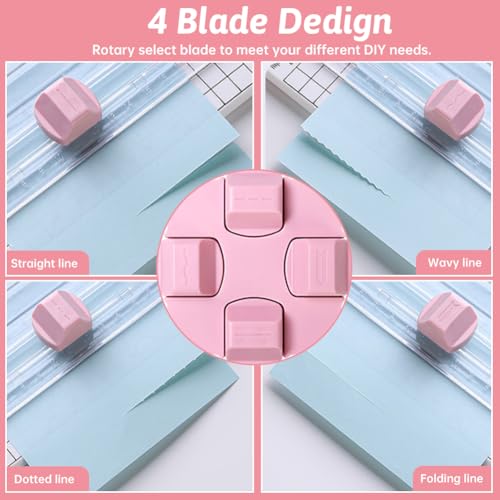 Paper Cutter,4 in 1 Paper Trimmer Photo Cutter,Scrapbook Papers Craft Cutter with Dial Blades of Straight,Wave,Perforated,Creasing for Cutting Papers,Coupons,Postcards,Card(Pink) - color: Pink