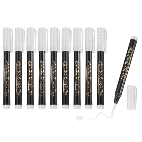 MECCANIXITY 10 Pcs Metallic Marker Pens Metallic Paint Brush Markers Medium Tips Mark Pens for Scrapbooking Glass Rock Painting Cards Photo Albums Ceramics DIY Artwork(White) - color: White