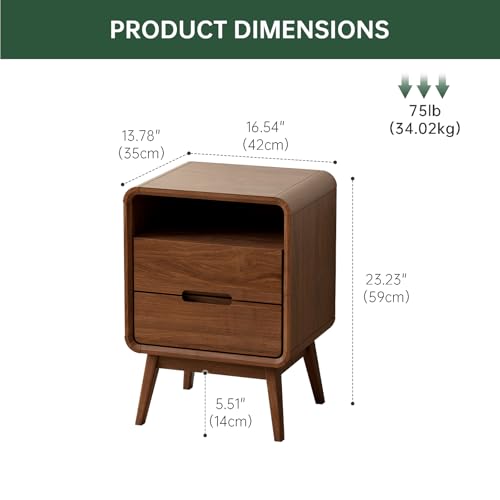 Solid Wood Nightstand, Walnut Night Stand with 2 Drawers and Open Storage, Mid Century Modern Nightstands for Small Space, Bedside Table for Bedroom, Dorm(23.23" H) - color: Walnut 2 Drawer, size: 1 PACK
