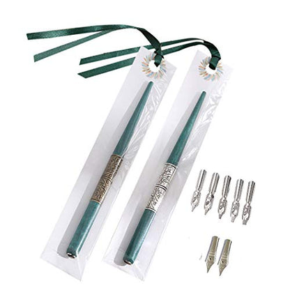 Professional Manga Gothic Pen Dip Pen Calligraphy Drawing Pen Kit, 2 Pen Holders Handles, 7 Nibs (2 Fountain Pen Nib, 5 Flat Nib) - Silver and Bronze - color: Silver and Bronze
