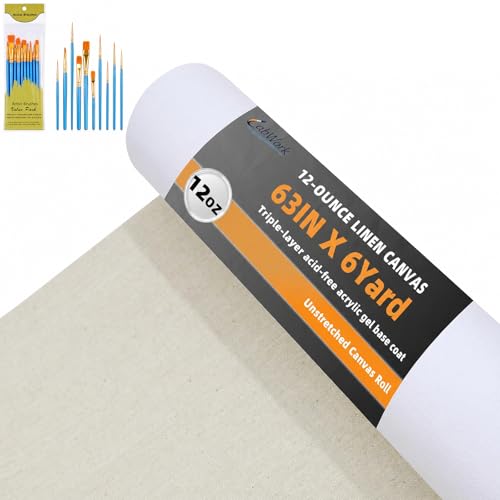 Large Cotton-Linen Blend Canvas Roll for Painting, 63 in x 6 yd | 12 oz Pre-Primed, Triple-Layer Acid-Free Gesso, Ready for Oil & Acrylic, Brush Set Included, For Murals & Oversized Art - size: 63 in × 6 yd