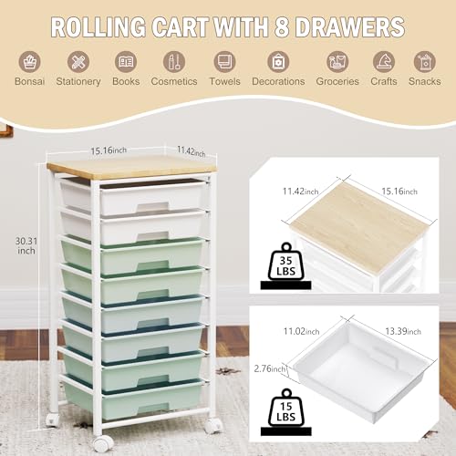 Rolling Cart with 8 Drawers, Storage Drawers Cart with Wooden Tabletop and Lockable Wheels, Craft Storage for Living Room, Office, Classroom, Craft Room, Bedroom - color: Green