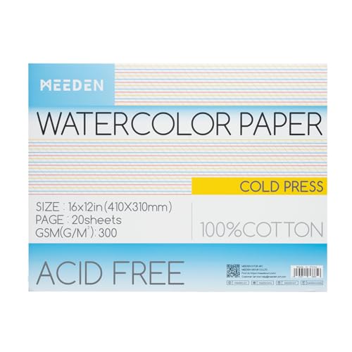 MEEDEN Cotton Watercolor Paper Block: 16" x 12" Cold Pressed of 20 Sheets | 140lb/300gsm 100% Cotton Watercolor Paper Pad, Acid-free Art Paper for Painting, Drawing, Watercolor, Gouache, Ink and More - color: Cold Press, size: 16×12"