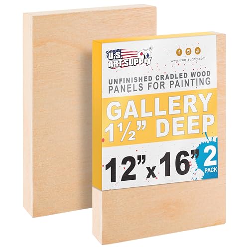 U.S. Art Supply 12" x 16" Unfinished Cradled Wood Panels for Painting, Gallery 1-1/2" Deep (2 Pack) - Artist Depth Wooden Wall Canvases - Mixed-Media Craft, Acrylic, Oil, Encaustic, Paint Pouring - style: 12 Inch x 16 Inch