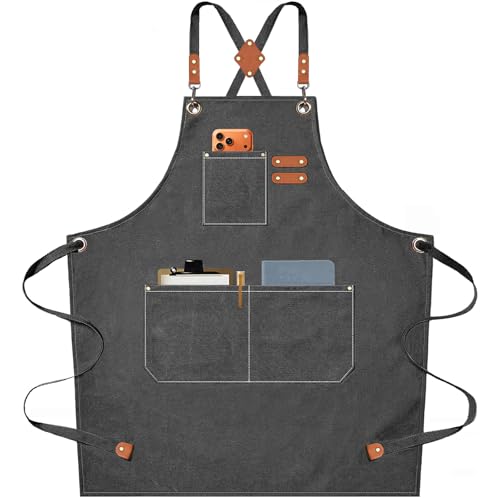 Chef Aprons for Men Women with Oversized Pockets, 16-Ounce Cotton Canvas Cross Back Heavy Duty Work Apron (Grey) - color: Grey