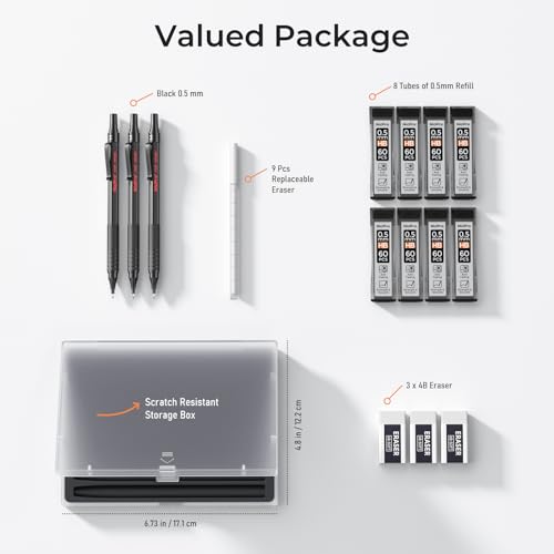 Nicpro 0.5 mm Mechanical Pencils Set with Case, Full Metal Pencil, 3 Pack | 480PCS HB Lead Refills, 3 Erasers,9 Eraser Refills For Architect Art Writing Drafting, Drawing, Engineering, Sketching, Black - color: Black, style: 0.5 MM