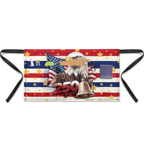 Waist Apron with 3 Pockets Waterproof 13 Inch Short Half Waist Aprons Women Men Server Aprons Waitress Waiter Apron - color: American Flag Eagle 250 Years