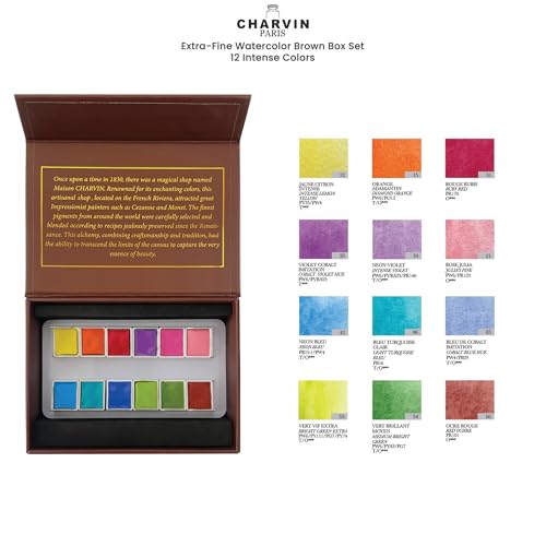 Charvin Extra-Fine Watercolor Pan Set, Intense - Handmade Box Set of 12 Half-Pans - Professional Watercolor Paint Set, Made in France, Smooth Shellac-Like Finish, Glossy & Highly Transparent Pigment - color: Intense