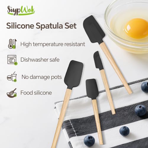 Silicone Spatula Set, Food Grade Rubber Spatula-4 Piece Nonstick Rubber Spatulas, Spoonula, Jar Scraper for Cooking, Baking, Mixing, Frosting - Heat Resistant Up to 600°F (4 Pcs Spatula Black) - color: Black
