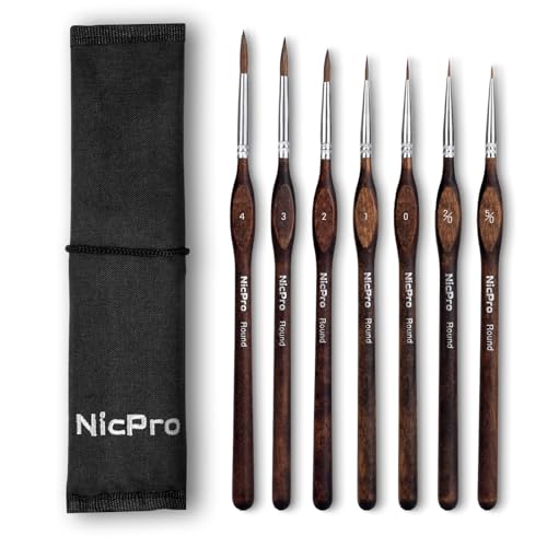 Nicpro 7pcs Kolinsky Sable Miniature Paint Brushes with Cloth Roll | Professional Fine Detail Paint Brushes, Round Point Artist Brush Set for Miniatures, Acrylic & Figures, Model, Watercolor - size: 7 PCS
