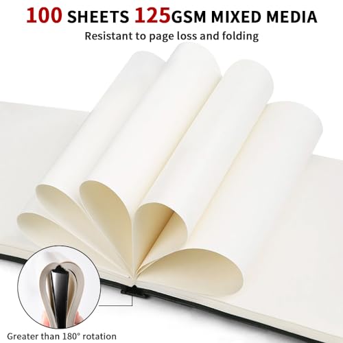 8x8" Mixed Media Sketchbook for Drawing,Hardcover Mix Media Art Sketchbook | 125GSM,100Sheets/200Pages, Hardcover Art Sketchbook for Dry Media,Painting,Drawing,Junk Journal Supplies - color: 8x8in-Black