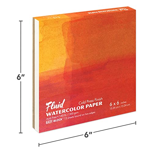 Fluid Cold Press Watercolor Block, 140lb (300 GSM), 6x6 Inch, 15 Sheets - Two-Sided Binding for Easy Sheet Removal
