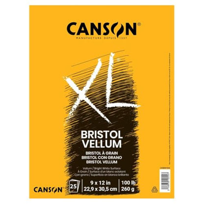 Canson XL Series Vellum Bristol Pad, 9" x 12", White, 100 lb. (260gsm), Top Bound, Fold Over Cover, 25 Sheets/Pad, Case of 6 Pads, 150 Sheets Total - size: 9x12 (Pack of 6), style: Bristol, Vellum
