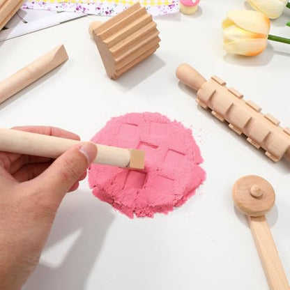 DIYEAH 12PCS Wooden Clay Tools for Kids, Play Dough Modeling Set | Beige Sculpting Kit with Rolling Pins, Texture Rollers, Cutters and Shaping Sticks for Pottery, Crafts and DIY Activities