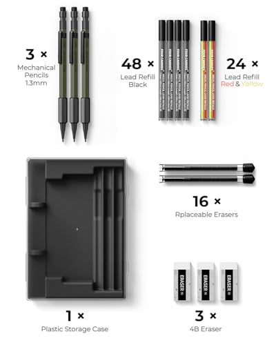 Four Candies 1.3mm Metal Mechanical Pencil Set with 72 Lead Refills, 3-Pack | Weatherproof Body, Heavy Duty, 3 Erasers, 16 Eraser Refills, Storage Case for Outdoor Construction Woodworking Marking - size: 3-Pack, style: Olive Green
