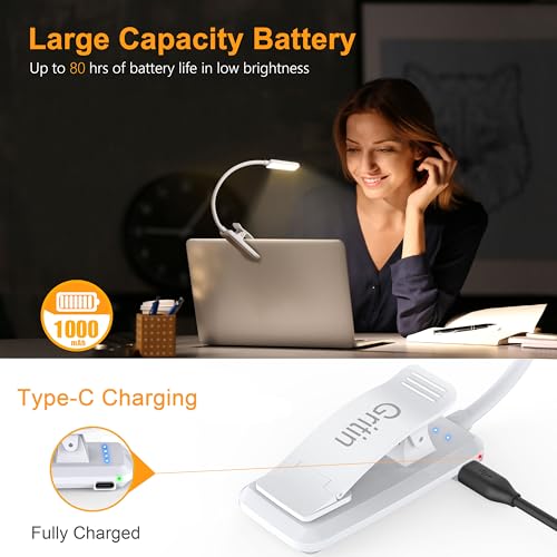 Gritin 9 LED Rechargeable Book Light for Reading in Bed | Eye Caring 3 Color Temps,Stepless Dimming Brightness,80 Hrs Runtime Small Lightweight Clip On Book Reading Light-‎White - color: ‎White