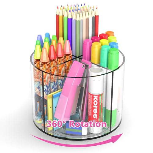 Small Pencil Organizer for Desk Acrylic Art Organizer Clear 4 Compartments | Rotating Art Supply Organizer for Kid, Spinning Marker Caddy Pen Organizer for Desk, Acrylic Pen and Pencil Organizer Storage - size: Medium no handle