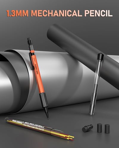 Four Candies 1.3mm Mechanical Pencil Set with 24 Lead Refills, Metal Weatherproof Heavy Duty Outdoor Carpenter Pencil, Eraser, 6 Eraser Refills for Architect Drafting Woodworking Marking with Case - size: 1-Pack, style: Orange