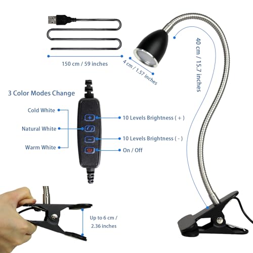 LALISU Desk lamp Eye-Caring Table Lamps, 360°Rotation LED Desk Clip Lamp - color: Black with Dimmer