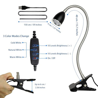 LALISU Desk lamp Eye-Caring Table Lamps, 360°Rotation LED Desk Clip Lamp - color: Black with Dimmer