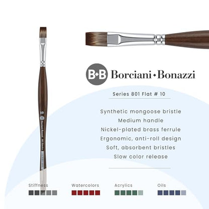 Borciani e Bonazzi Unico Synthetic Mongoose Artist Paint Brush - Series 801 Flat - Size #10 - Watercolors, Oil & Acrylic Paint - Handcrafted in Italy, Anti-Roll Design, Ergonomic Medium Handle - size: 10