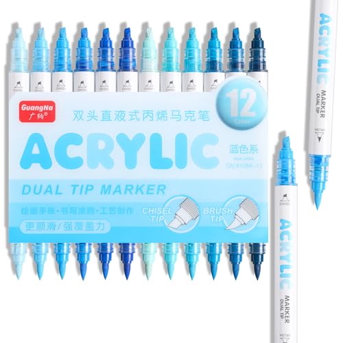 kander 12 Colors Dual Tip Acrylic Paint Markers, Blue Color — Extra Fine & Soft Brush Pen Set with Direct Ink Flow for Sketching, Detailing, Coloring on Wood, Canvas, Rock, Glass, DIY Crafts - color: Blue