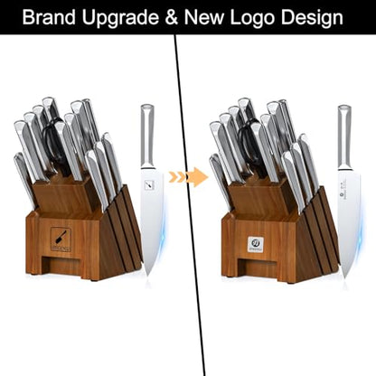 imarku 16PCS Stainless Steel Knife Set, Full Tang Design with Wooden Block | Knife Set With Block And Sharpener, High Carbon Stainless Steel Blades, Ergonomic Non-Slip Handles, Dishwasher Safe Design - color: Brown-Sliver, size: 16 Pcs