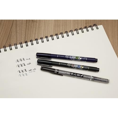 Fudenosuke Brush Pen Black x6-pen pack, with Takes To Do List Notepad - Calligraphy Pens for Writing and Art Drawings (3x Soft + 3x Hard) - style: 3x Soft + 3x Hard