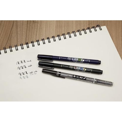 Fudenosuke Brush Pen Black x6-pen pack, with Takes To Do List Notepad - Calligraphy Pens for Writing and Art Drawings (3x Soft + 3x Hard) - style: 3x Soft + 3x Hard