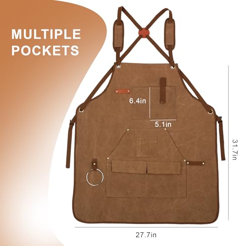 Men's Canvas Tool Apron, Heavy Duty Multi-Pocket Work Apron for Woodworking Gardening Bartender Adjustable Straps - color: Khaki