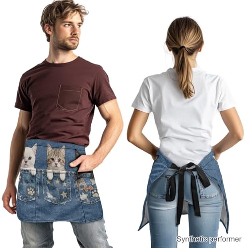 Waist Apron with 3 Pockets Waterproof 13 Inch Short Half Waist Aprons Women Men Server Aprons Waitress Waiter Apron - color: Three Cats