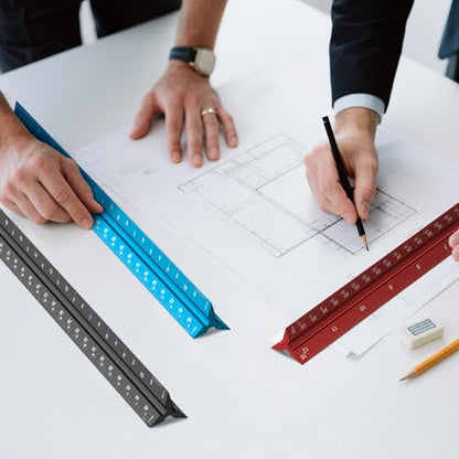 Rena Chris Architectural Scale Ruler: 12" Imperial Aluminum Alloy Metal Architecture Measuring Tools, Engineering Drafting Construction Drawing Blueprints Triangular Architect Scaling Rulers 12 Inches - color: Black