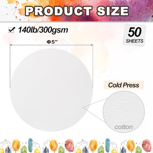 PATIKIL 50 Sheets Cotton Watercolor Paper Round 140lb/300 GSM Cold Press Water Coloring Paint Paper for Art Painting Watercolor Drawing Artist, 5 Inch - size: 5 Inch