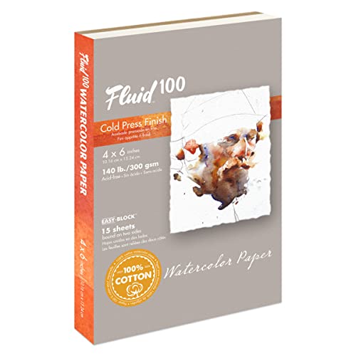 Fluid 100 Watercolor Paper Block, 4 x 6 inches, 15 Sheets, 140 lb (300 GSM) 100% Cotton Cold Press Pad for Artist Painting and Wet Media - size: 4 x 6 (140 lb)