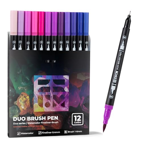 ZSCM QUALITY DECIDES THE FUTURE Purple Duo Tip Marker Pens, 12 Fine & Brush Tip Pen For Adult Coloring Books - color: 12 Purple