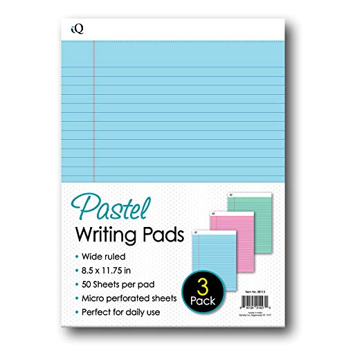 iScholar iQ Pastel Writing Pads, 3 Pack, Wide Ruled, 8.5" x 11.75", 50 Sheets Per Pad, Asst. Pastel Colors (58113) - size: 8.5" x 11.75"