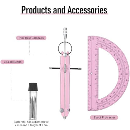 EBOOT Student Geometry Math Set, Metal Drawing Compass and 6 Inch Clear Swing Arm Protractors 180 Degree Math Protractor(Pink and Pink) - color: Pink and Pink