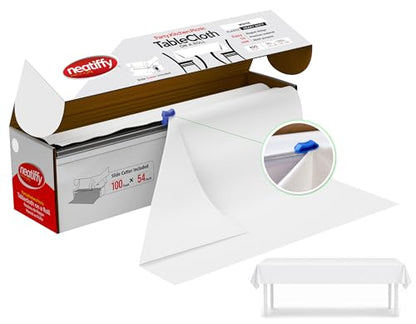 Neatiffy Disposable Plastic Table Cloth Roll | Waterproof Tablecloth | Table Cover for Picnic, Party, Banquet, Birthdays, Weddings | White | 54 inches x 100 feet | Rectangle, Square, Round, Oval - color: White Solid, size: 54 inches X 100 feet