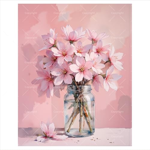 Share Young Cherry Blossom Paint by Numbers Kit for Adults - DIY Pink Flowers in Jar Painting on Canvas 16x20IN, Frameless Acrylic Paint Set, Suitable for Beginners, Art for Home Decoration or Gifts