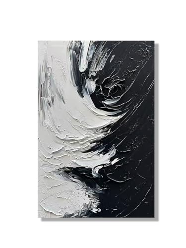 NANKAI Art Hand drawn thick textured black and white abstract art oil painting in modern minimalist style, 36x24 inches. Decorative wall painting for home office or corridor - color: NKHB150