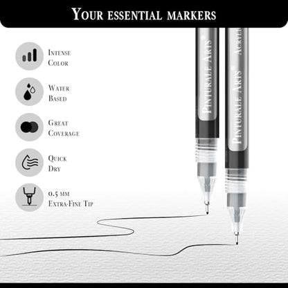 Pinturale Arts® Ultra Fine Tip Acrylic Paint Pens | Set 2 Black Paint Pens Extra Fine Point 0.5 mm | For Black Paper, Ceramics, Rock Painting, Glass, Wood, Canvas, Metal - color: Black