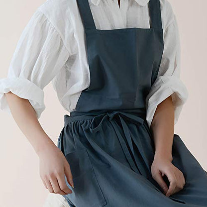 VLZUFE Women Cotton Linen Cross Back Apron for Gardening Works Pinafore Dress with Pockets Navy - color: Navy