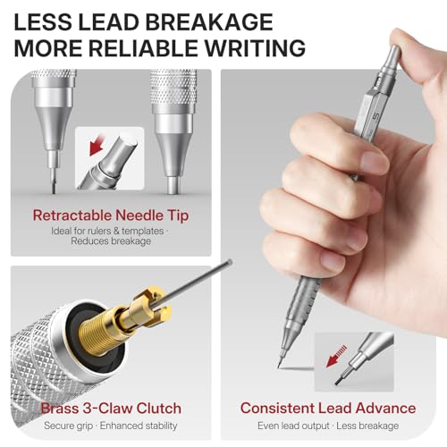 WUO Mechanical Pencil Set, 5 Pack Drafting Pencils 0.3/0.5/0.7/0.9/2.0mm | Mechanical drawing pencils, 312 lead refills, erasers/sharpeners for drafting, technical drawing, sketching, writing & art - color: Silver, size: 0.3/0.5/0.7/0.9/2.0
