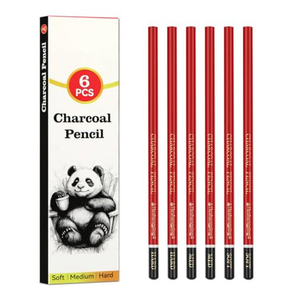 Professional Charcoal Pencils for drawing, Set of 6, Black Charcoal Drawing Pencils (Soft, Medium, Hard), Art Supplies for Drawing Sketching, Shading