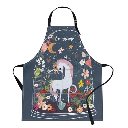 Apron with Pockets, 32x28 inch, for Women Men, Unicorn Blue | Floral Moon Waterproof Adjustable Bib Aprons for Kitchen Cooking Baking Painting Gardening - color: Unicorn Be Unique