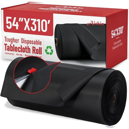 Plastic Tablecloth Roll, 310 Ft x 54 In Plastic Table Cloth Disposable | Black Tablecloth Roll Premium PEVA Waterproof Black Plastic Table Cover Rolls with Cutter for Banquets, Festivals, Parties - color: Black, size: 3720" x 54" (Rectangular)